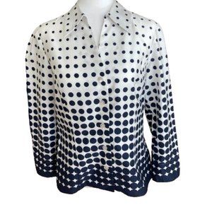 Jones New York Button Up Blouse Office Career Fun Navy Polka Dot, Cotton, Small